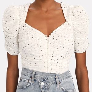 Frame Olivia Deen style White Polka Dot Puff-Sleeve Cropped Blouse